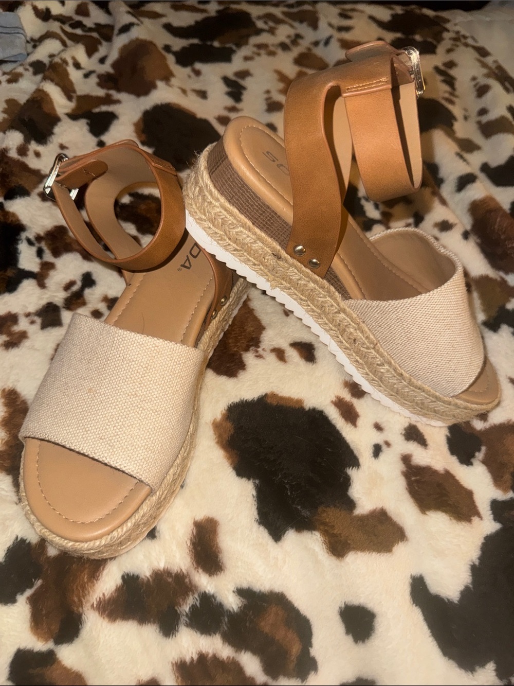 Soda Beige Canvas Espadrille Platform Sandals with Tan Ankle Strap